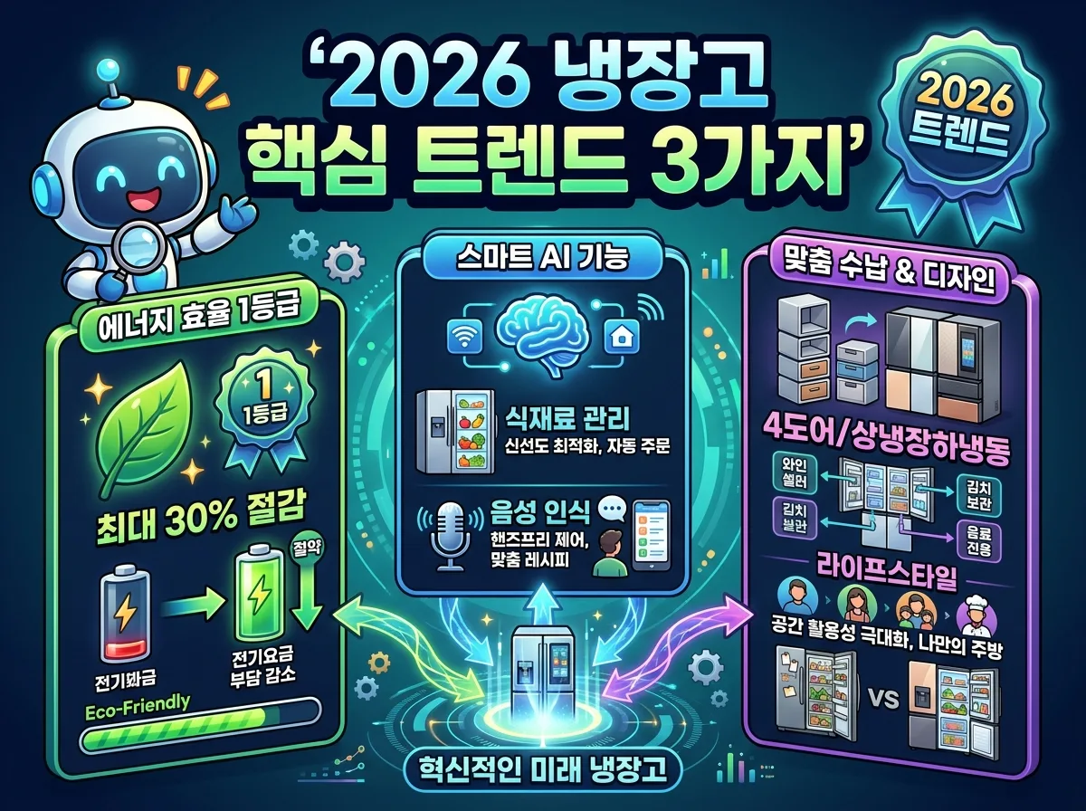 2026년 냉장고 시장의 세 가지 핵심 트렌드인 에너지 효율 1등급, 스마트 AI 기능, 그리고 맞춤 수납 및 디자인을 시각화한 인포그래픽. 각 트렌드의 주요 특징과 혜택을 아이콘과 함께 설명합니다.