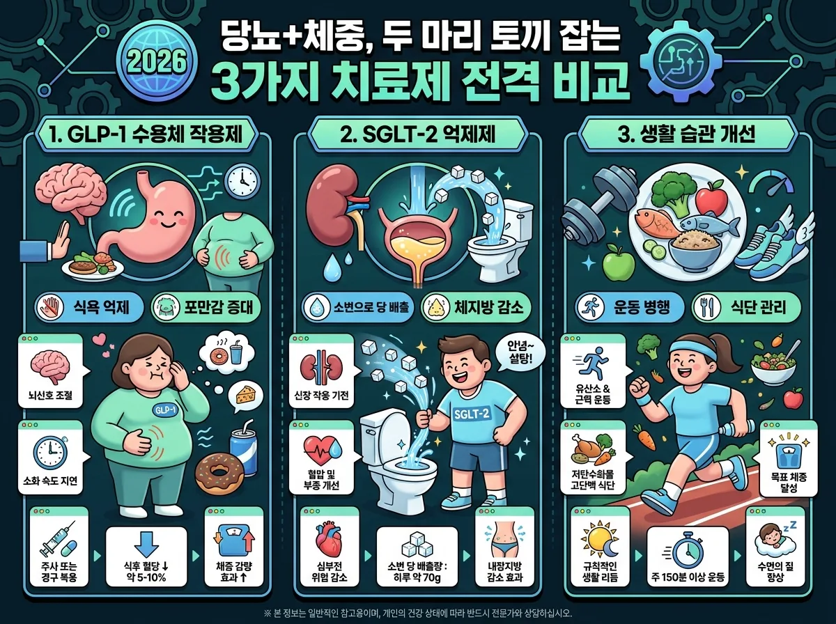 2026년 당뇨병과 체중 관리 실패를 줄이는 5가지 필수 점검 사항을 보여주는 인포그래픽 포스터. 목표 설정, 전문의 상담, 생활 습관 개선, 꾸준한 모니터링, 오해와 진실 등 각 단계를 나타내는 정보 카드와 아이콘, 그리고 3D 카툰 캐릭터가 역동적으로 배치된 정보성 이미지.
