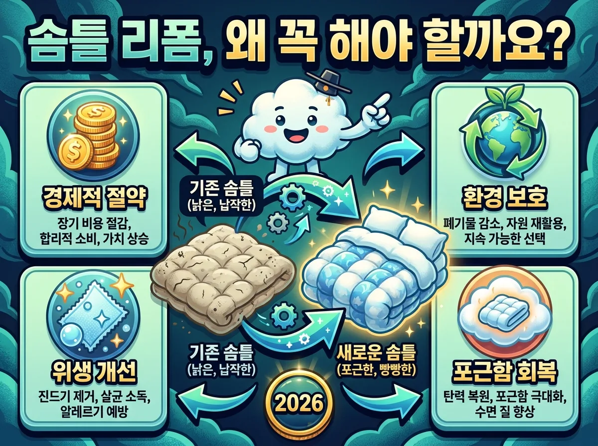 오래된 목화솜 이불을 솜틀 리폼해야 하는 이유를 시각적으로 설명하는 인포그래픽. 경제적 절약, 환경 보호, 위생 개선, 포근함 회복 등 네 가지 핵심 이점을 아이콘과 함께 명확하게 제시하며, 낡은 이불이 새 이불로 바뀌는 변화를 강조하는 포스터 이미지.