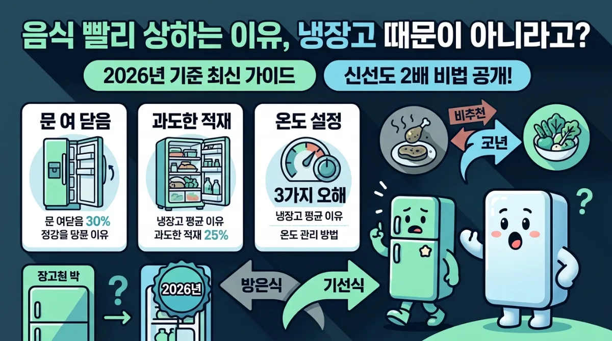 2026년 기준 냉장실 0~5°C, 냉동실 -18°C 이하의 최적 온도 유지 중요성을 보여주고, 밀폐 보관, 주기적 청소, 식재료별 구분 등 신선도를 높이는 관리 팁을 제시하는 정보성 인포그래픽 포스터.