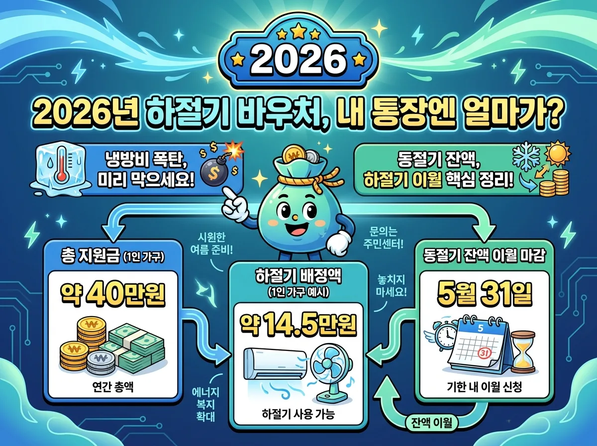 2026년 에너지바우처의 하절기(30%)와 동절기(70%) 배정 비율을 명확하게 비교하는 인포그래픽 포스터. 여름 냉방비와 겨울 난방비를 각각 상징하는 아이콘과 함께 사용 기간, 주요 지원 내용을 시각적으로 구분하여 계절별 지원 특성을 한눈에 이해할 수 있도록 디자인되었다. 친근한 캐릭터가 각 계절의 특징을 표현하며 정보가 꽉 차 있다.
