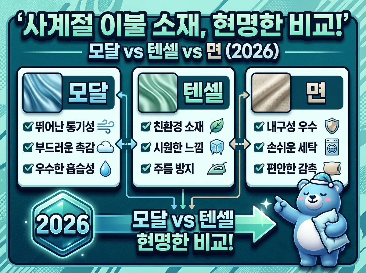 2026년 사계절 이불 구매 시 실패를 피하고 완벽하게 선택하는 3단계 전략을 안내하는 인포그래픽입니다. 수면 환경 파악부터 소재 기능성, 관리 편의성까지 단계별로 설명합니다.