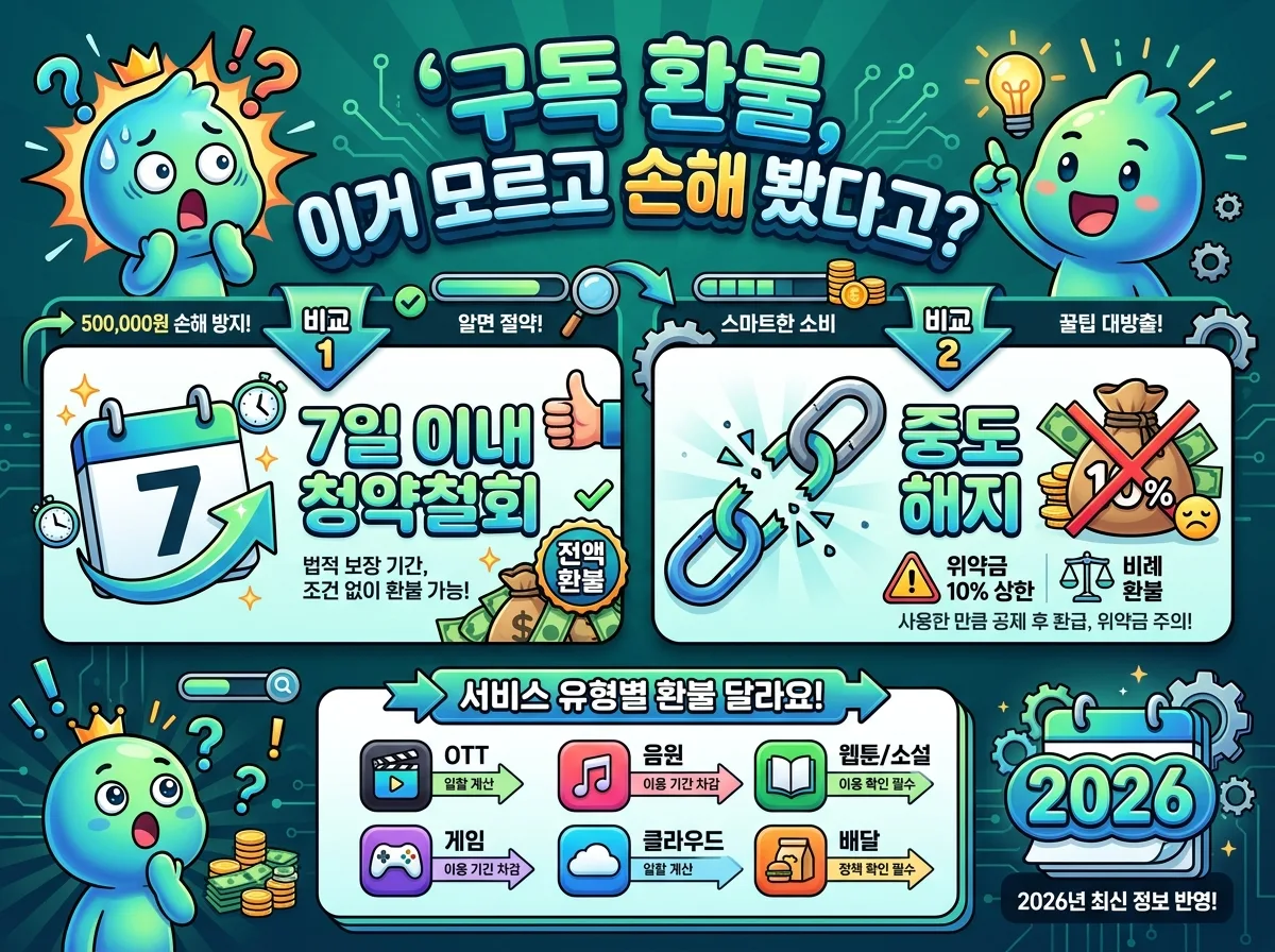 2026년 구독 서비스 중도해지 절차를 3단계로 간결하게 안내하는 인포그래픽. 약관 확인 및 증빙 자료 준비, 고객센터 문의 또는 온라인 해지 신청, 위약금 및 환불액 최종 확인 과정을 친근한 캐릭터와 함께 단계별로 시각화하여 보여줍니다.