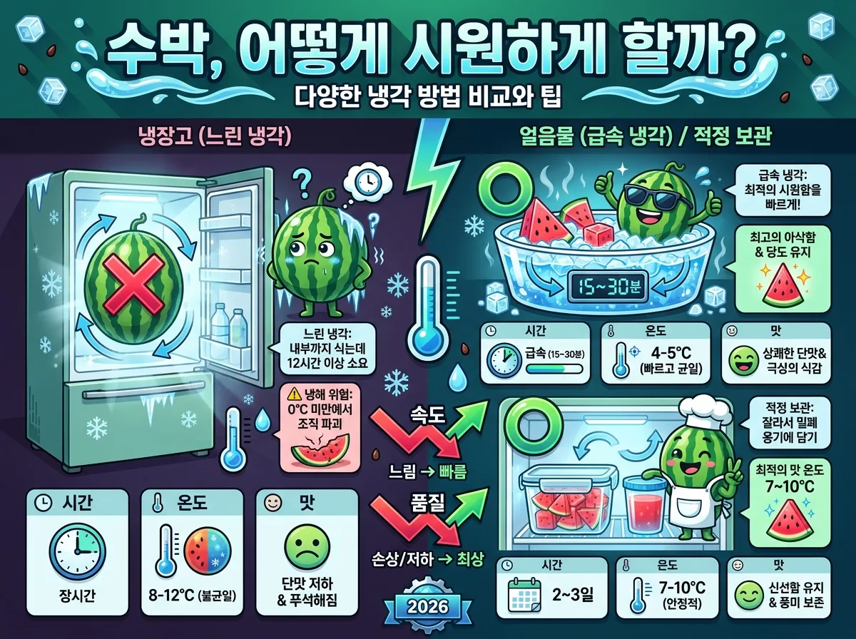맛있는 수박을 구매하고 보관하며, 최적의 온도로 섭취하는 전 과정을 시각화한 단계별 인포그래픽. 신선한 수박 고르기부터 적정 온도까지 상세히 설명한다.
