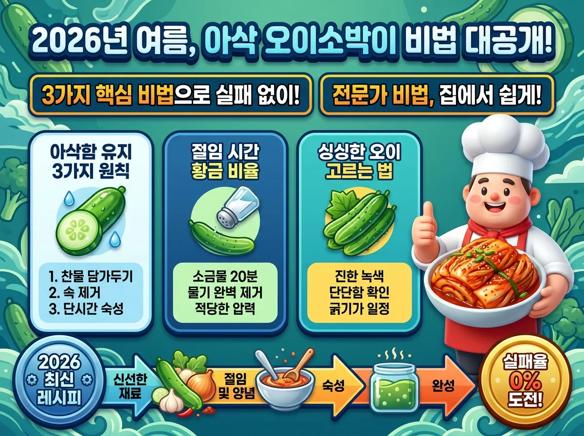 오이소박이의 아삭한 식감을 유지하는 세 가지 핵심 원칙(신선한 오이 선택, 완벽한 절임 과정, 올바른 양념 및 보관)을 시각적으로 설명하며, 실패를 피하고 성공적인 오이소박이를 만들 수 있는 비법을 보여줍니다.