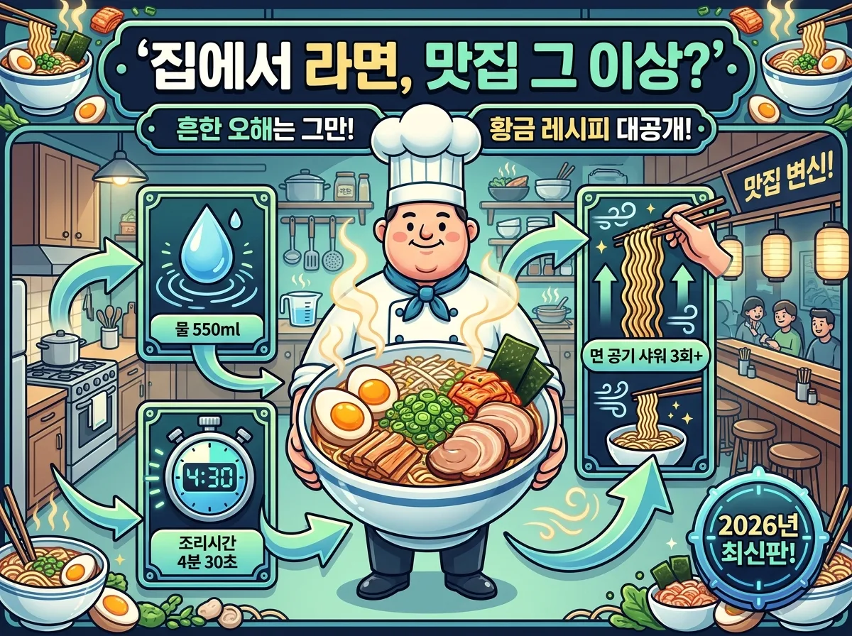 집에서 라면을 맛집처럼 끓이는 비법을 담은 강렬한 인포그래픽 포스터. '집에서 라면, 맛집 그 이상?'이라는 커다란 한글 헤더와 함께 '흔한 오해는 그만!', '황금 레시피 대공개!' 서브 텍스트가 눈길을 끈다. 친근한 3D 카툰 요리사 캐릭터가 김이 모락모락 나는 완벽한 라면을 들고 있으며, 물 550ml, 조리시간 4분 30초, 면 공기 샤워 3회+ 등 핵심 꿀팁을 나타내는 정보 카드와 아이콘이 풍부하게 배치되어 있다. 2026년 최신판 배지가 강조되어 있다.