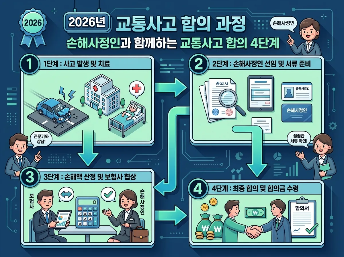 2026년 교통사고 합의 시 보험사 제안과 손해사정인 활용의 합의금 차이를 비교하는 인포그래픽. 경미 사고와 중등도 사고 유형별로 손해사정인을 통해 25%에서 40%까지 합의금을 증액할 수 있음을 시각적으로 보여준다.
