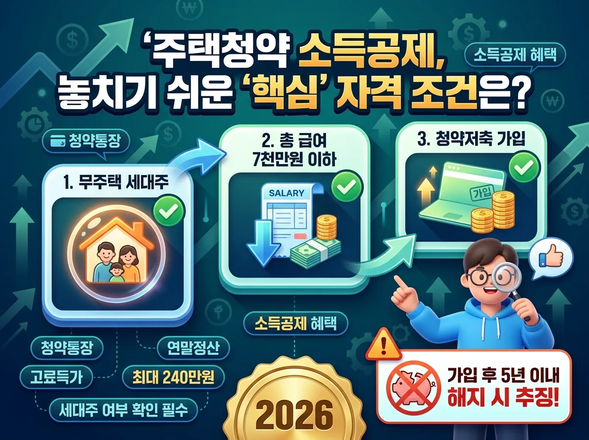 2026년 연말정산을 위한 주택청약 소득공제와 전세자금대출 소득공제 두 가지 절세 전략을 비교 분석하는 인포그래픽 포스터. '나에게 유리한 '절세 전략'은?' 이라는 한글 헤더 아래, 각 공제의 핵심 혜택과 준비 과정을 아이콘과 함께 명확하게 제시합니다. 3D 캐릭터가 고민하는 듯한 모습으로 정보를 안내하며, 2026년 배지가 포함되어 있습니다.