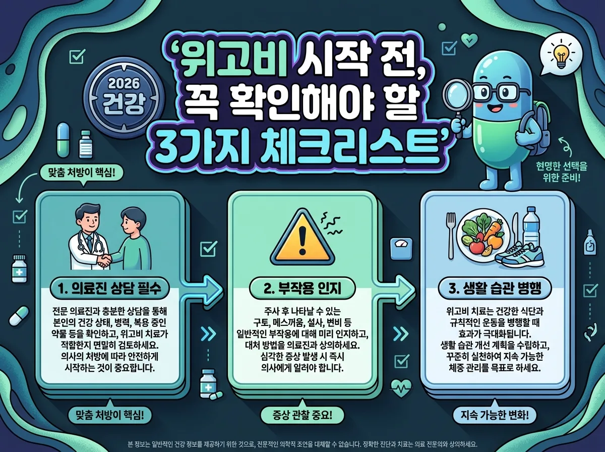 위고비의 체중 감량 효과를 극대화하기 위한 세 가지 핵심 전략인 약물 투여, 식단 관리, 운동의 중요성을 보여주는 인포그래픽 포스터입니다.
