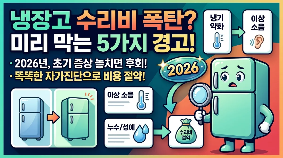 2026년 냉장고 수리비 폭탄을 피하는 현명한 일상 점검 체크리스트와 비용 절약 팁을 단계별로 안내하는 인포그래픽. 돈을 아끼는 팁을 시각화했습니다.