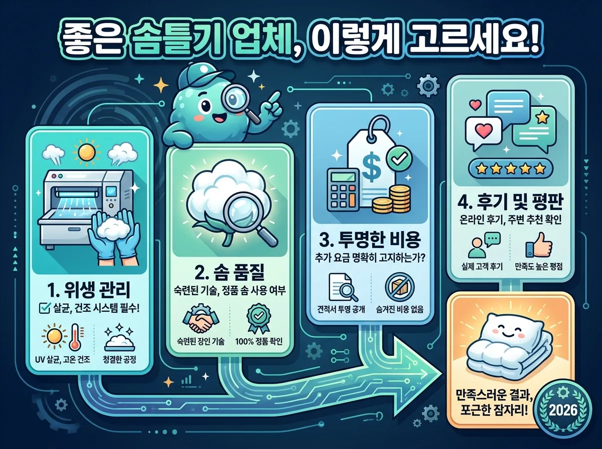 솜틀기에 대한 흔한 오해와 진실을 명확히 구분하여 설명하는 인포그래픽 포스터. 비용, 솜 손상 여부, 소요 시간 등 주요 궁금증에 대해 잘못된 정보와 실제 사실을 아이콘과 한글 텍스트로 비교 제시하여 독자의 이해를 돕습니다.