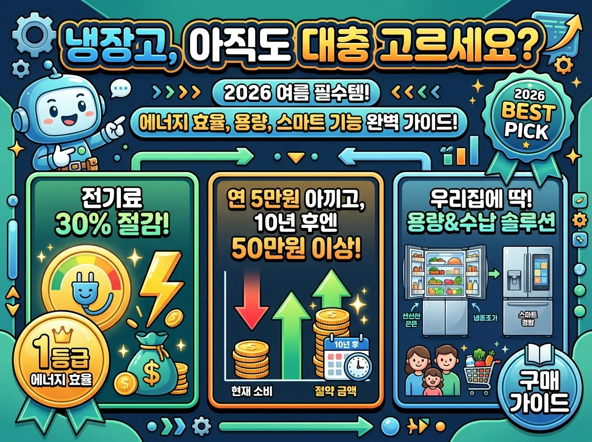 2026년 여름, 후회 없는 냉장고 구매를 위한 완벽 가이드를 제시하는 인포그래픽 포스터. 에너지 효율 1등급의 전기료 절감 혜택, 가족에게 맞는 용량 선택 기준, 그리고 스마트 기능 비교 정보를 한눈에 보여줍니다.