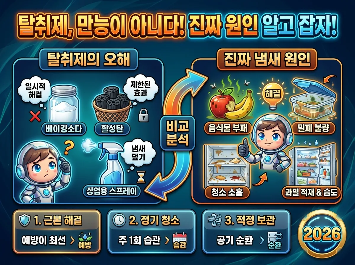 2026년 여름 냉장고 냄새를 완벽하게 제거하기 위한 정밀 청소 단계별 가이드와 매일 실천할 수 있는 효율적인 일상 관리 체크리스트를 보여주는 인포그래픽.