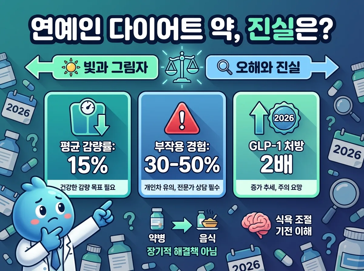 연예인 다이어트 약으로 유명한 위고비와 마운자로의 진실을 파헤치는 인포그래픽 포스터. 2026년 데이터와 함께 평균 체중 감량 효과, 부작용 비율 등 핵심 정보를 명확한 아이콘과 수치로 보여주며, 오해와 진실을 대비시켜 경각심을 일깨웁니다.