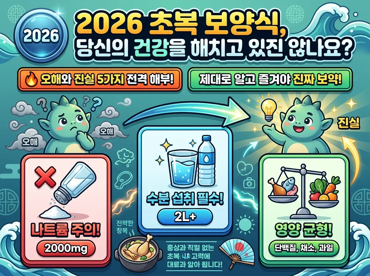 2026년 초복 보양식에 대한 5가지 흔한 오해를 바로잡고 진실을 알려주는 인포그래픽. '무조건 뜨겁게 먹어야 이열치열'과 같은 오해들을 친근한 캐릭터와 함께 시각적으로 명쾌하게 설명한다.