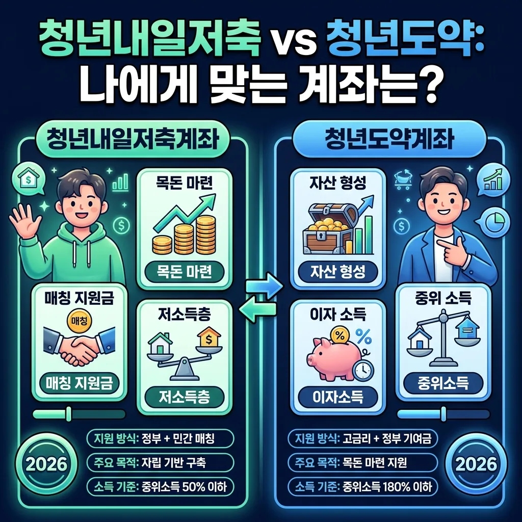 2026년 청년내일저축계좌와 청년도약계좌의 핵심 차이점을 비교하는 인포그래픽. 각 계좌의 주요 특징과 지원 방식, 대상 소득 기준을 시각적으로 정리하여 나에게 맞는 계좌를 선택하는 데 도움을 줍니다.