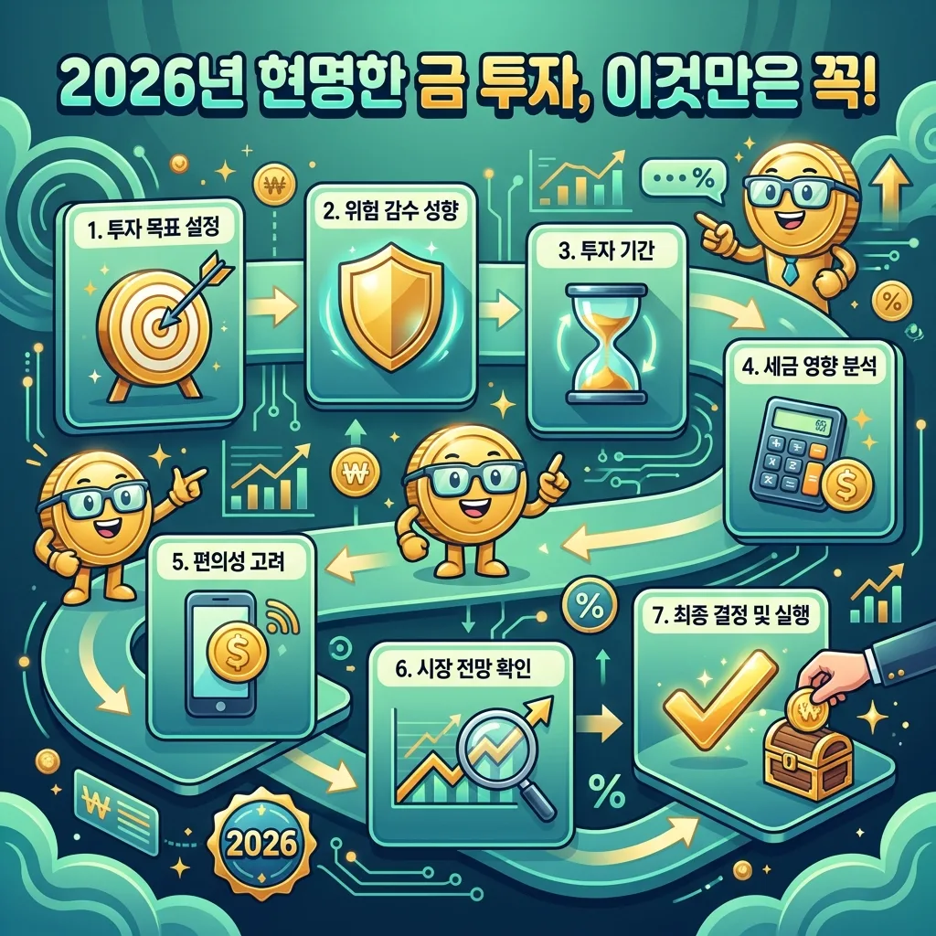 2026년 현명한 금 투자 체크리스트 인포그래픽. 투자 목표, 위험 성향, 세금 등 핵심 고려사항을 정보 카드와 캐릭터로 명확히 제시합니다.