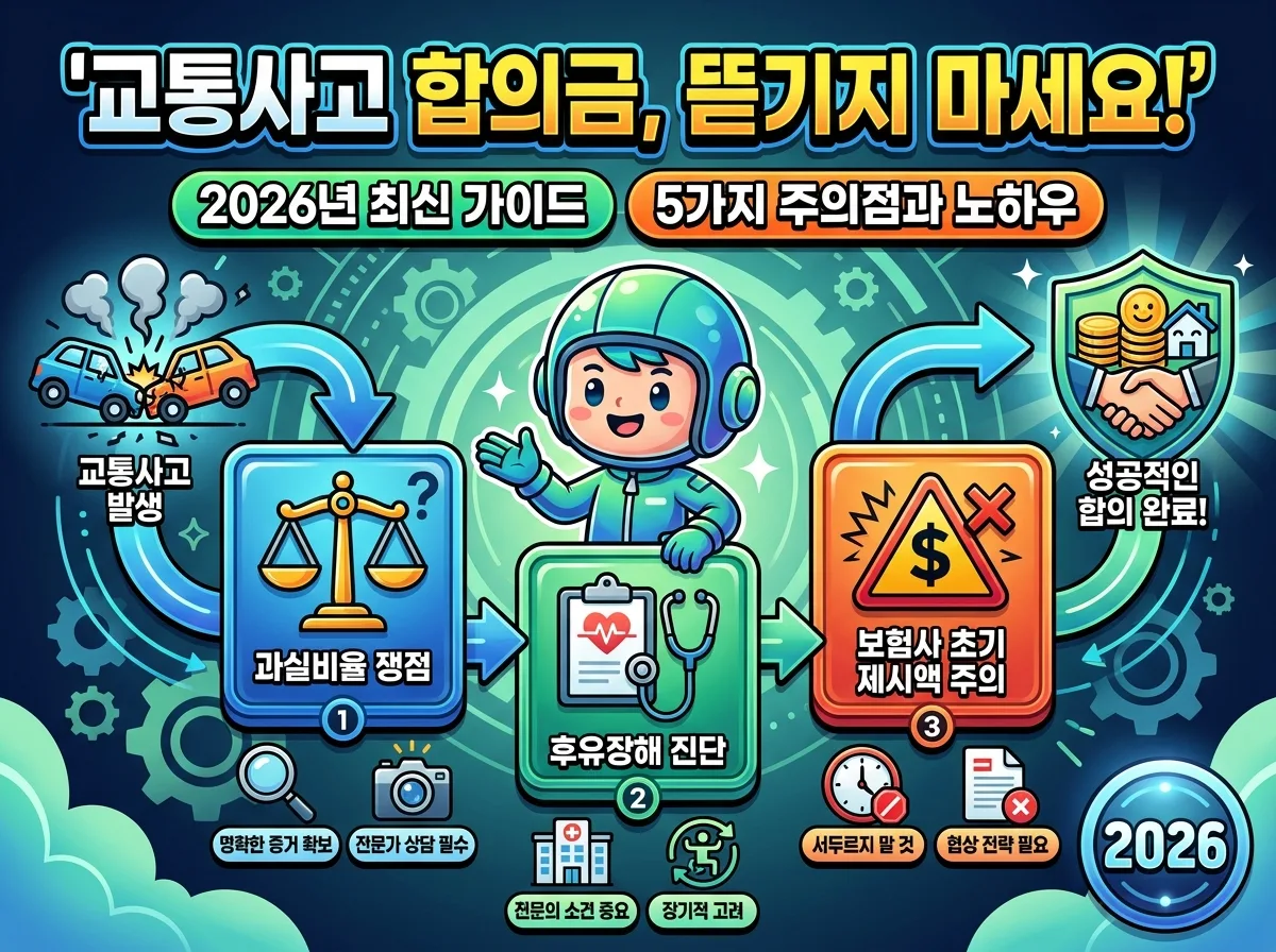2026년 교통사고 합의 전 반드시 확인해야 할 5가지 핵심 사항을 시각화한 인포그래픽. '합의 전, 이것만은 꼭! 5가지 체크리스트'라는 헤더 아래, 손해액 산정, 후유장해, 과실비율, 치료 기간, 전문가 상담 등 각 항목별 아이콘과 설명이 담겨 있습니다.