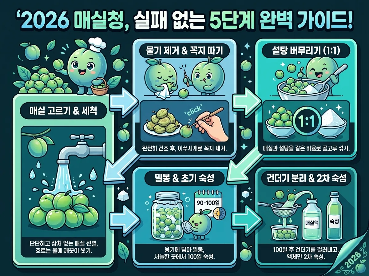 2026년 매실청 만들기의 성공과 실패를 결정짓는 핵심 지표를 비교하는 인포그래픽 포스터. 1:1 황금 비율, 100일 이상 숙성, 물기 제거와 같은 성공 요인과 설탕 부족, 곰팡이, 쓴맛 유발 요인 등 실패 요인을 친근한 캐릭터와 함께 명확하게 제시합니다.