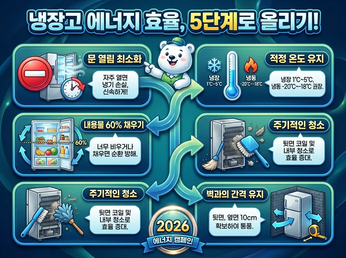 인버터 냉장고와 정속형 냉장고의 전기요금 관련 장단점을 명확하게 비교하는 인포그래픽. 두 종류의 냉장고 특징을 큰 한글 텍스트, 아이콘, 그리고 비교 화살표를 통해 한눈에 보여줍니다.