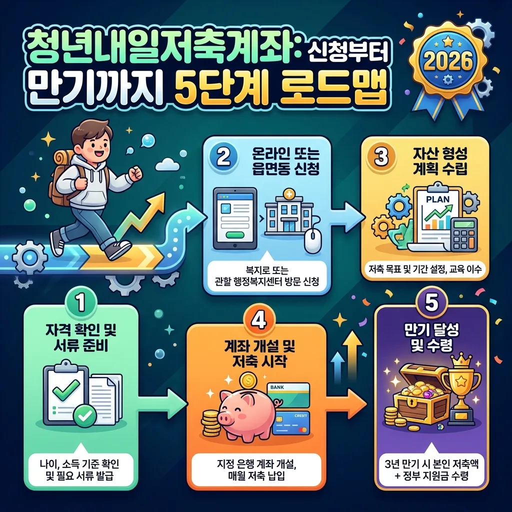 2026년 청년내일저축계좌의 신청부터 만기까지 전체 과정을 5단계로 시각화한 로드맵 인포그래픽. 각 단계별 핵심 내용과 필요한 아이콘을 통해 청년들이 쉽게 절차를 이해하고 따라갈 수 있도록 돕습니다.