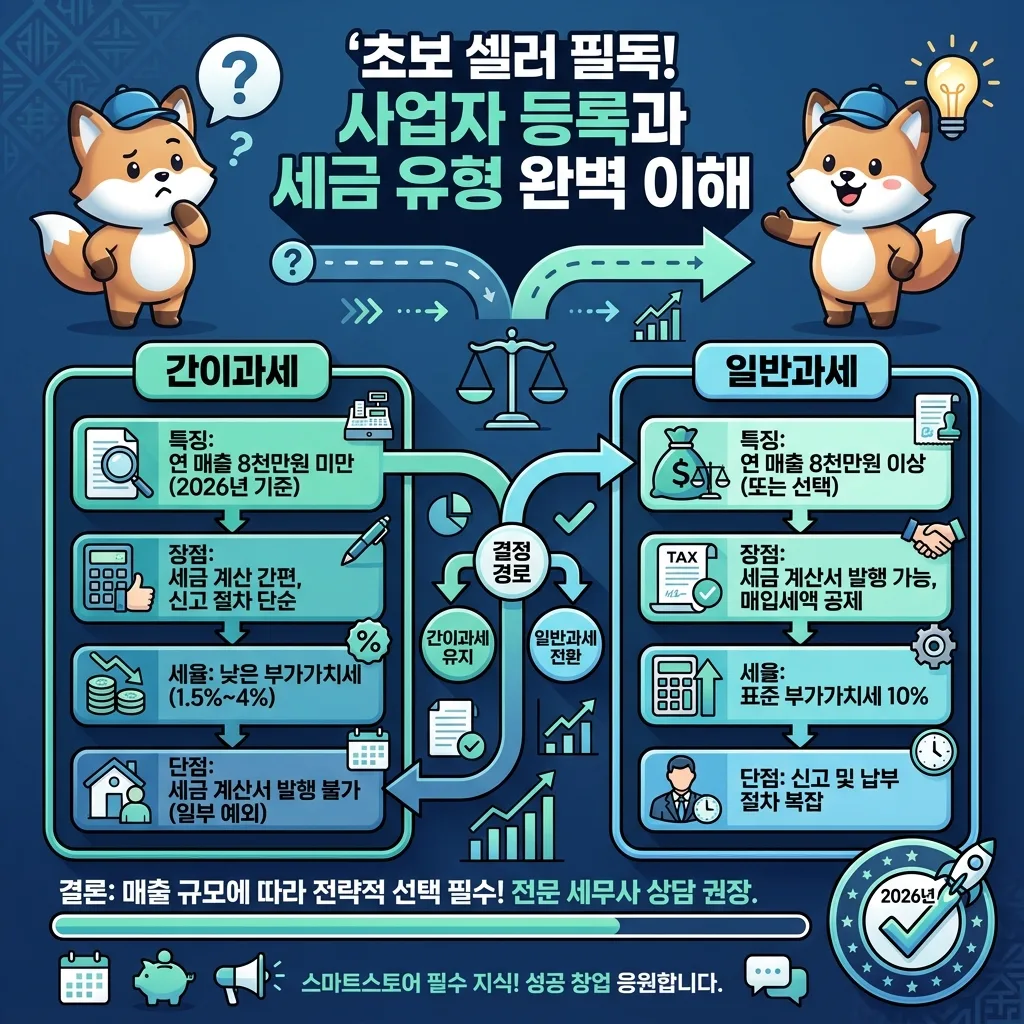 스마트스토어 초보 셀러를 위한 사업자 등록의 중요성과 간이과세 및 일반과세의 차이점을 명확히 비교 설명하는 인포그래픽. '초보 셀러 필독! 사업자 등록과 세금 유형 완벽 이해'라는 제목 아래, 각 세금 유형의 특징과 장점을 시각적으로 보여줍니다.