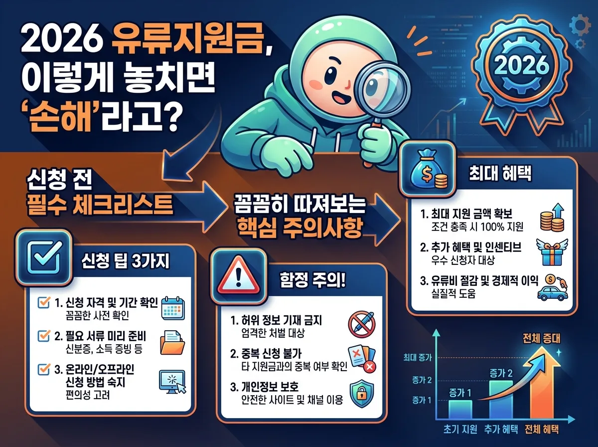 2026년 LPG 유류구매카드 신청 과정을 5단계로 자세히 설명하는 정보 가득한 인포그래픽. 'LPG 유류구매카드, 2026년 신청 5단계 완벽 가이드'라는 제목 아래, 자격 확인부터 서류 준비, 카드사 선택, 발급 및 수령, 그리고 유류 사용 및 환급 확인까지 각 단계별 내용과 아이콘이 순서대로 배치되어 있다. 친근한 캐릭터가 단계를 안내하며 2026년 배지가 포함되어 있다.