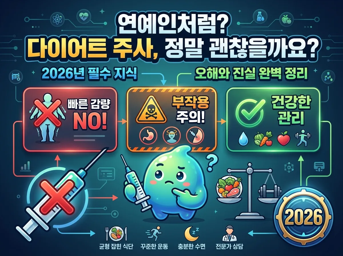 2026년 연예인 다이어트 주사의 오해와 진실을 파헤치며 건강한 체중 관리 방법을 안내하는 정보 가득한 포스터. 주사의 부작용과 건강 관리의 중요성을 강조하는 아이콘, 한글 문구가 가득하다.
