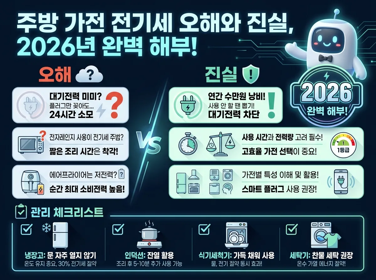 2026년 주방 가전의 전기세 오해와 진실을 명확히 비교하는 인포그래픽 포스터. '대기전력 미미?' 같은 오해와 '연간 수만원 낭비!' 같은 진실을 대비하여 보여준다. 하단에는 냉장고, 인덕션, 식기세척기 등 주요 가전별 관리 체크리스트가 아이콘과 함께 구체적인 절약 팁을 제공한다. 친근한 3D 캐릭터와 '2026' 배지가 포함된, 정보가 꽉 찬 디자인이다.