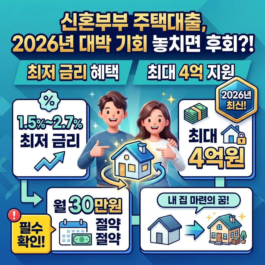 2026년 신혼부부 주택자금 대출의 핵심 조건을 한눈에 보여주는 화려한 인포그래픽 포스터. 최저 금리 혜택과 최대 대출 한도 등 주요 정보가 명확히 시각화되어 신혼부부들의 내집 마련 기회를 강조합니다.