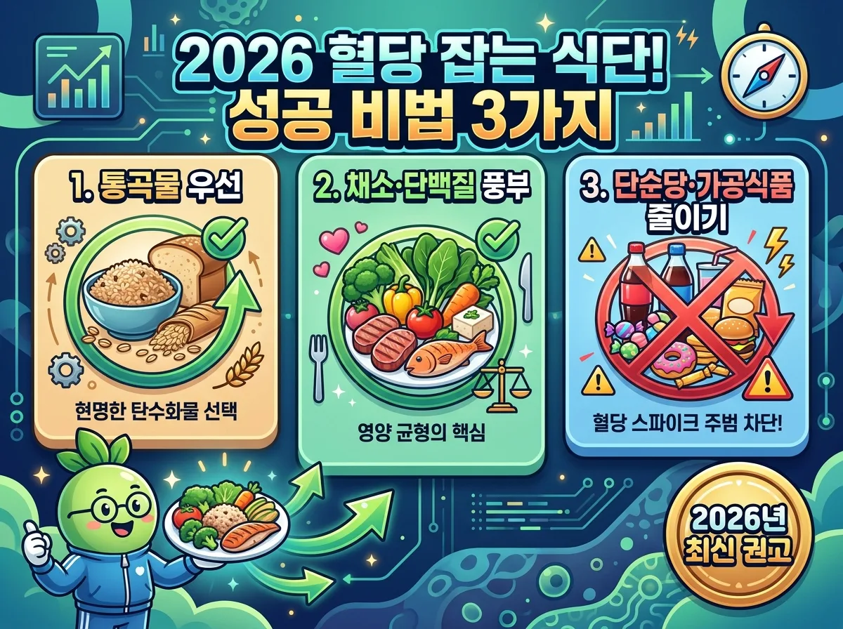2026년 기준 혈당 관리를 위한 식단 성공 비법 3가지를 제시하는 인포그래픽 포스터입니다. 통곡물 선택, 채소/단백질 섭취, 단순당/가공식품 제한 등 핵심 원칙들이 아이콘과 한글 라벨로 설명되어 있으며, 건강한 식단을 든 친근한 캐릭터가 함께 있습니다.