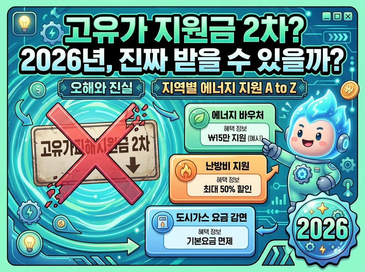 2026년 에너지 지원금에 대한 흔한 오해와 진실을 명확히 구분하여 보여주는 인포그래픽. 과거의 '고유가피해지원금 2차'는 더 이상 직접 운영되지 않음을 큰 X표로 시각화하고, 대신 현재 활성화된 에너지 바우처, 지역별 난방비 지원 등 실제 지원 정책들을 아이콘과 함께 설명하는 이미지.