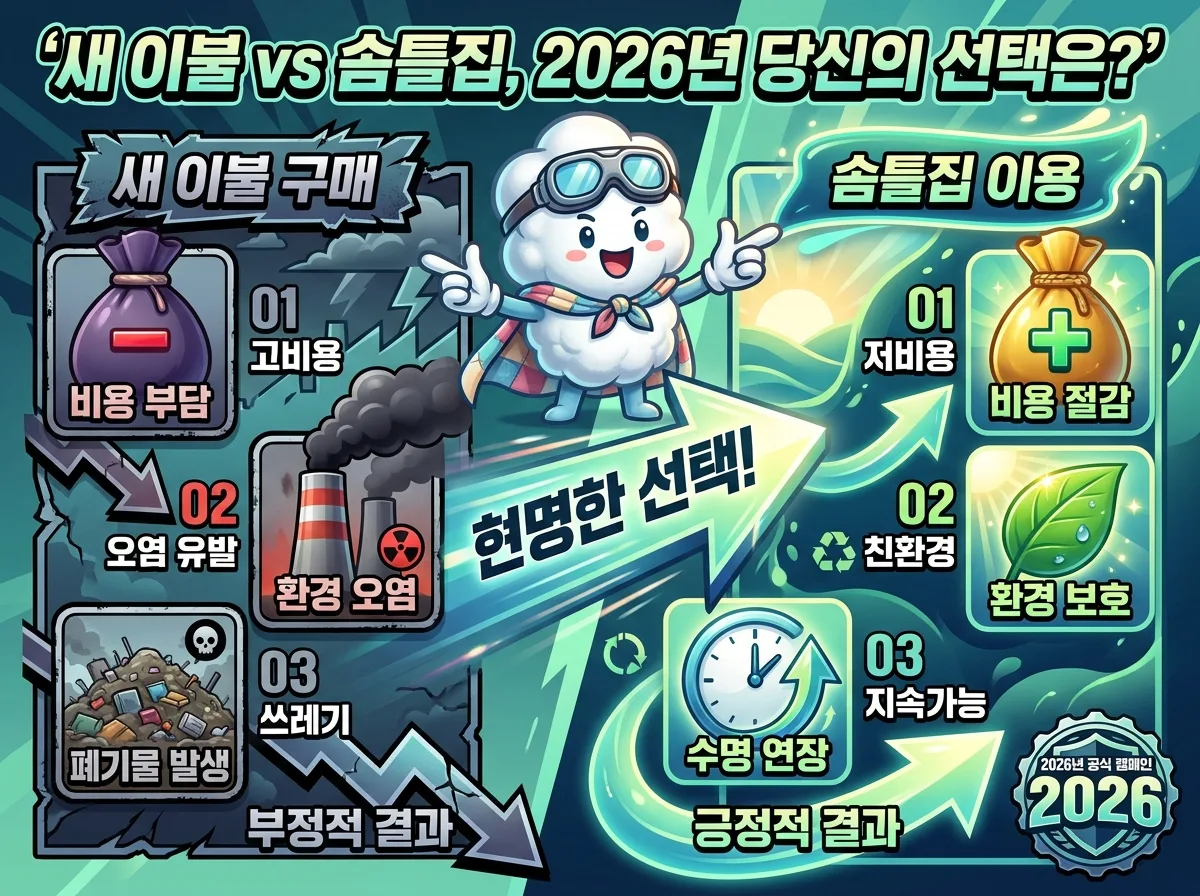 2026년 새 이불 구매와 솜틀집 이용의 비용, 환경 보호, 수명 연장 측면을 비교하여 현명한 선택을 제안하는 인포그래픽 포스터