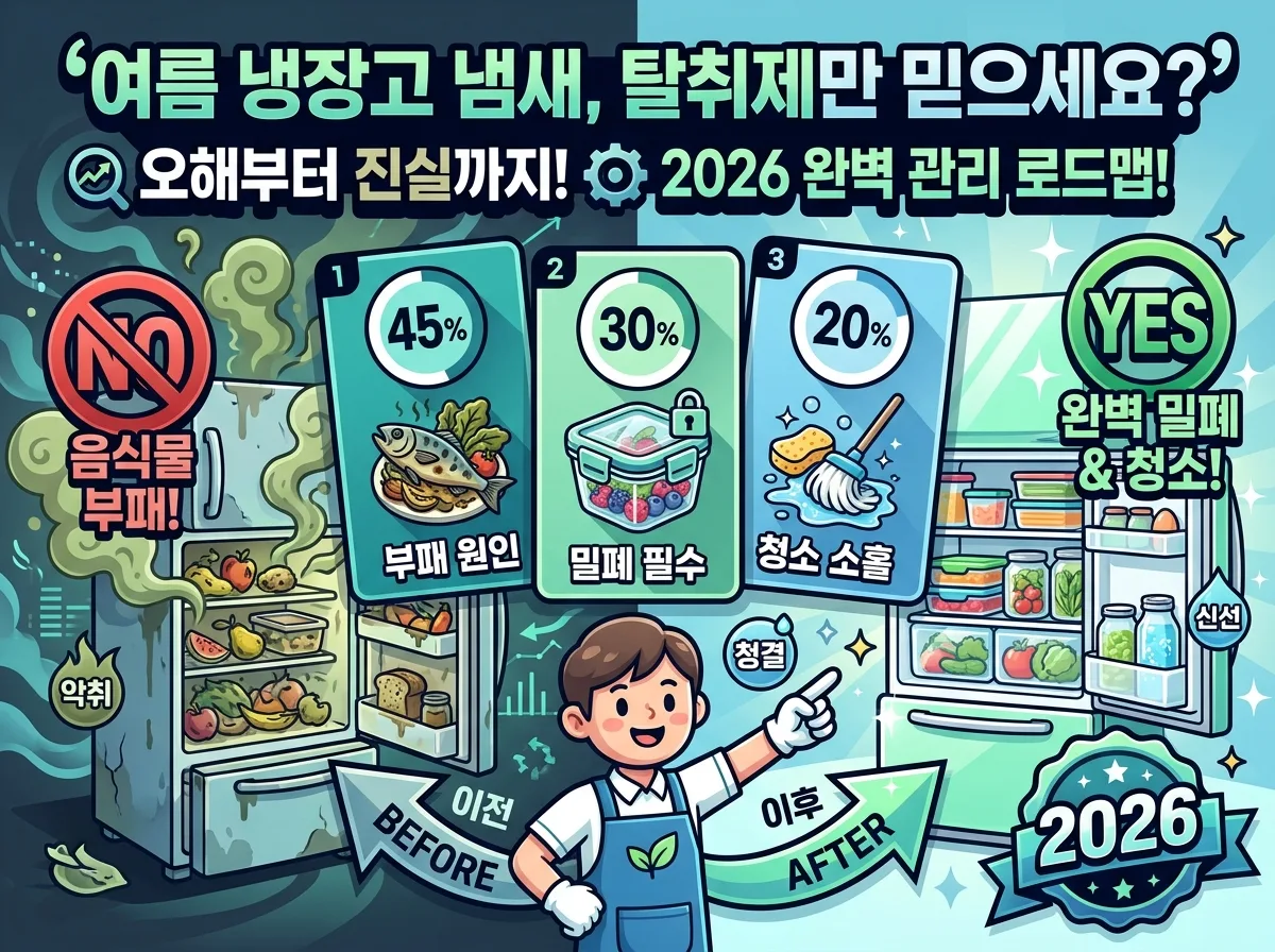 2026년 여름 냉장고 냄새 관리에 대한 오해와 진실을 다룬 인포그래픽 포스터. '여름 냉장고 냄새, 탈취제만 믿으세요?'라는 큰 질문과 함께 음식물 부패, 밀폐, 청소의 중요성을 강조하며 깨끗한 냉장고 관리법을 시각적으로 보여줍니다.
