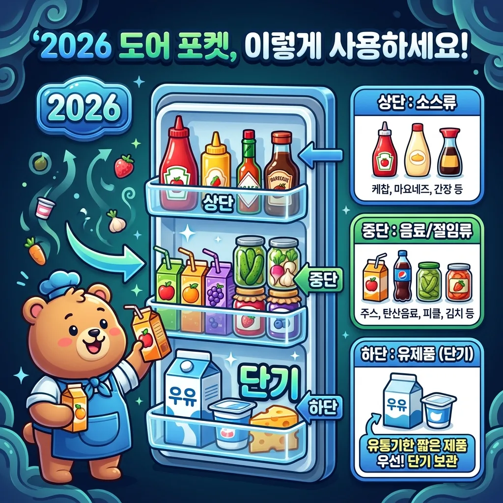 2026년 냉장고 도어포켓에 음식별 최적 보관 위치를 안내하는 인포그래픽 포스터. '2026 도어 포켓, 이렇게 사용하세요!'라는 한글 제목과 함께 도어포켓을 상단, 중단, 하단으로 나누어 소스류, 음료/절임류, 유제품(단기) 등 각 음식의 적절한 보관 위치를 아이콘과 한글 라벨로 시각화했습니다. 친근한 3D 캐릭터가 올바른 보관법을 보여줍니다.