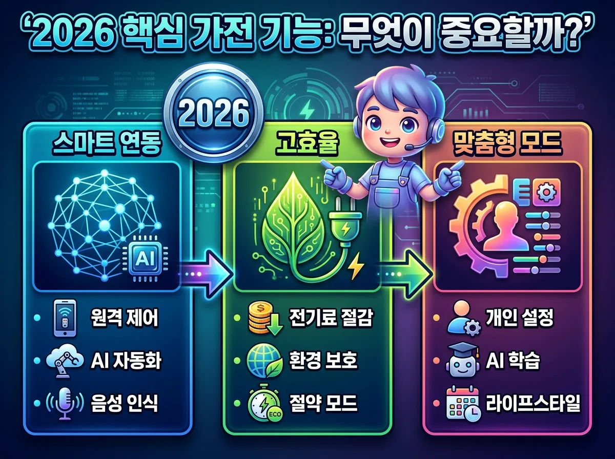 2026년 인기 가전의 핵심 기능인 스마트 연동, 고효율, 맞춤형 모드를 비교 분석하는 정보성 포스터입니다. 각 기능별 특징을 아이콘과 한글 키워드로 명확하게 제시하며, 친근한 캐릭터가 설명을 돕고 있습니다. 다채로운 색상과 꽉 찬 정보로 시선을 사로잡습니다.