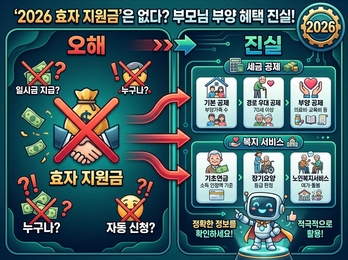 2026년 부모님 부양 관련 정부 지원 혜택을 놓치지 않기 위한 4가지 핵심 단계를 시각적으로 설명하는 인포그래픽 포스터. 세법 개정 확인, 복지 제도 발표 주시, 소득 기준 확인, 장기요양 신청 등의 절차를 아이콘과 함께 단계별로 제시하여 이해를 돕는다.