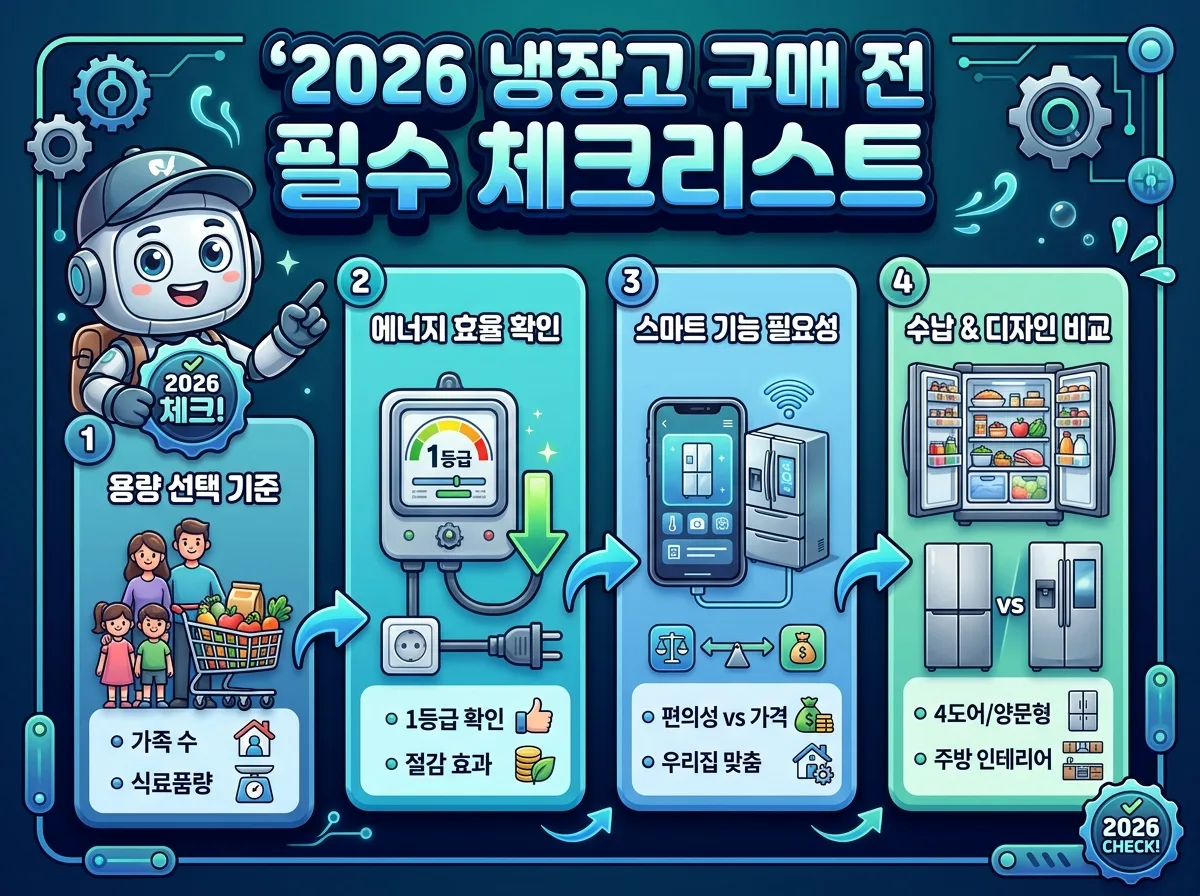 2026년 냉장고를 현명하게 구매하기 위한 필수 체크리스트를 시각화한 인포그래픽. 용량 선택, 에너지 효율, 스마트 기능의 필요성, 그리고 수납 및 디자인 비교의 네 가지 핵심 고려 사항을 제시합니다.
