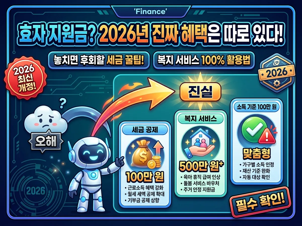 2026년 부모님 부양 관련 '효자 지원금'이 아닌 실제 세금 공제와 복지 서비스 혜택을 명확히 구분하여 설명하는 인포그래픽 포스터. 오해와 진실을 대비시키며 주요 세금 공제 항목과 복지 서비스 종류를 아이콘과 함께 시각화하여 정보를 제공하는 모습.