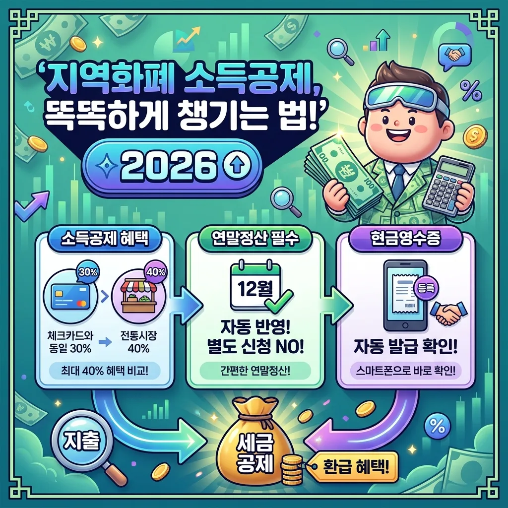 2026년 지역화폐 소득공제를 똑똑하게 활용하는 방법을 시각화한 인포그래픽. 체크카드와 전통시장 소득공제율 비교, 자동 반영되는 연말정산, 현금영수증 확인법을 설명하며 '2026' 배지가 있습니다.
