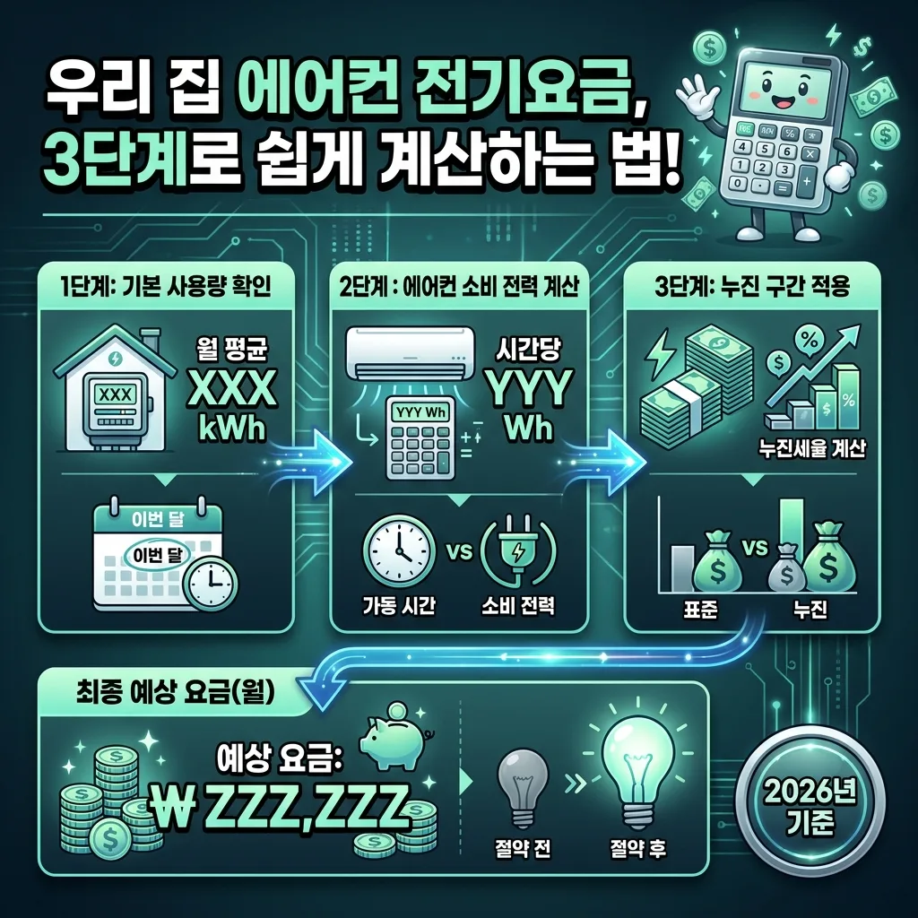 2026년 여름, 우리 집 에어컨 전기요금을 누진 구간과 소비 전력을 고려하여 3단계로 직접 계산하는 방법을 보여주는 인포그래픽.