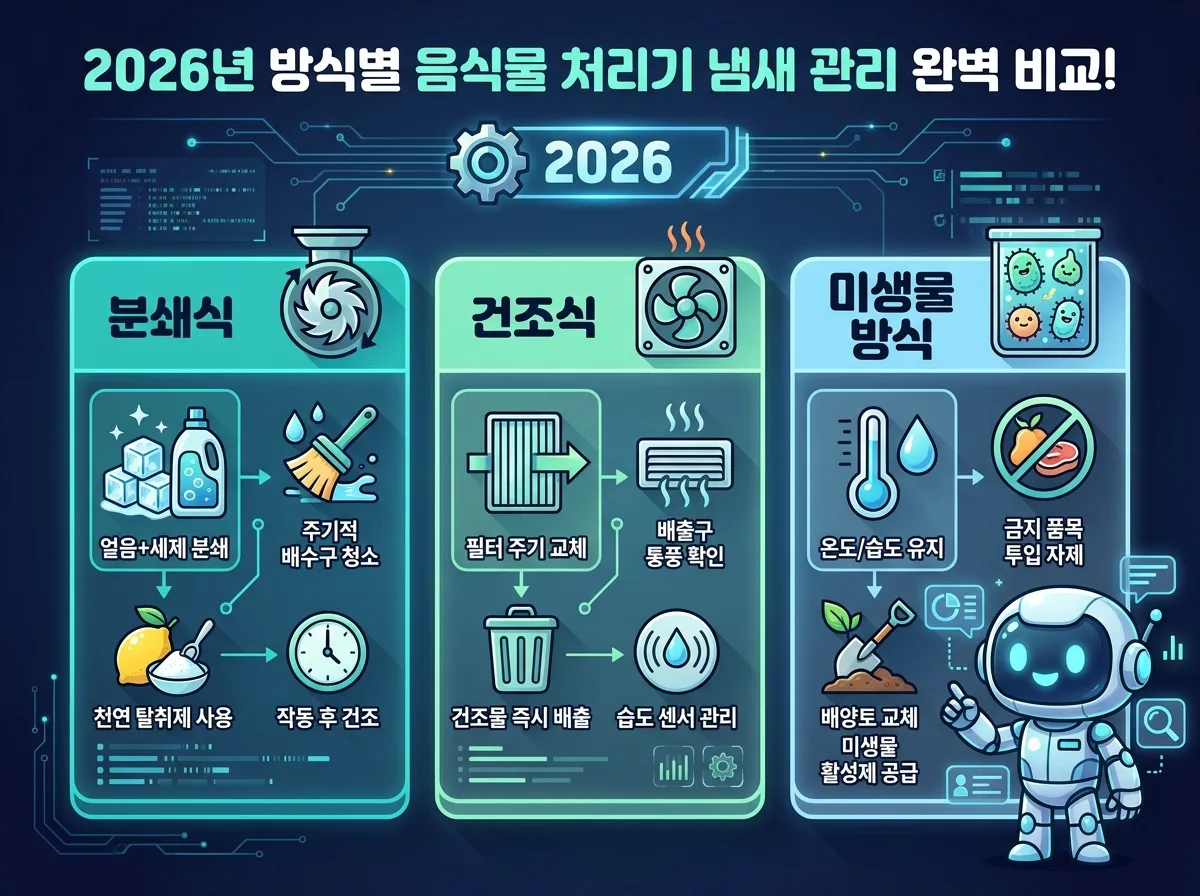 분쇄식, 건조식, 미생물 음식물 처리기의 2026년 기준 냄새 관리법을 비교 설명하는 인포그래픽. 각 방식의 특징과 핵심 관리 팁을 시각적으로 보여줍니다.