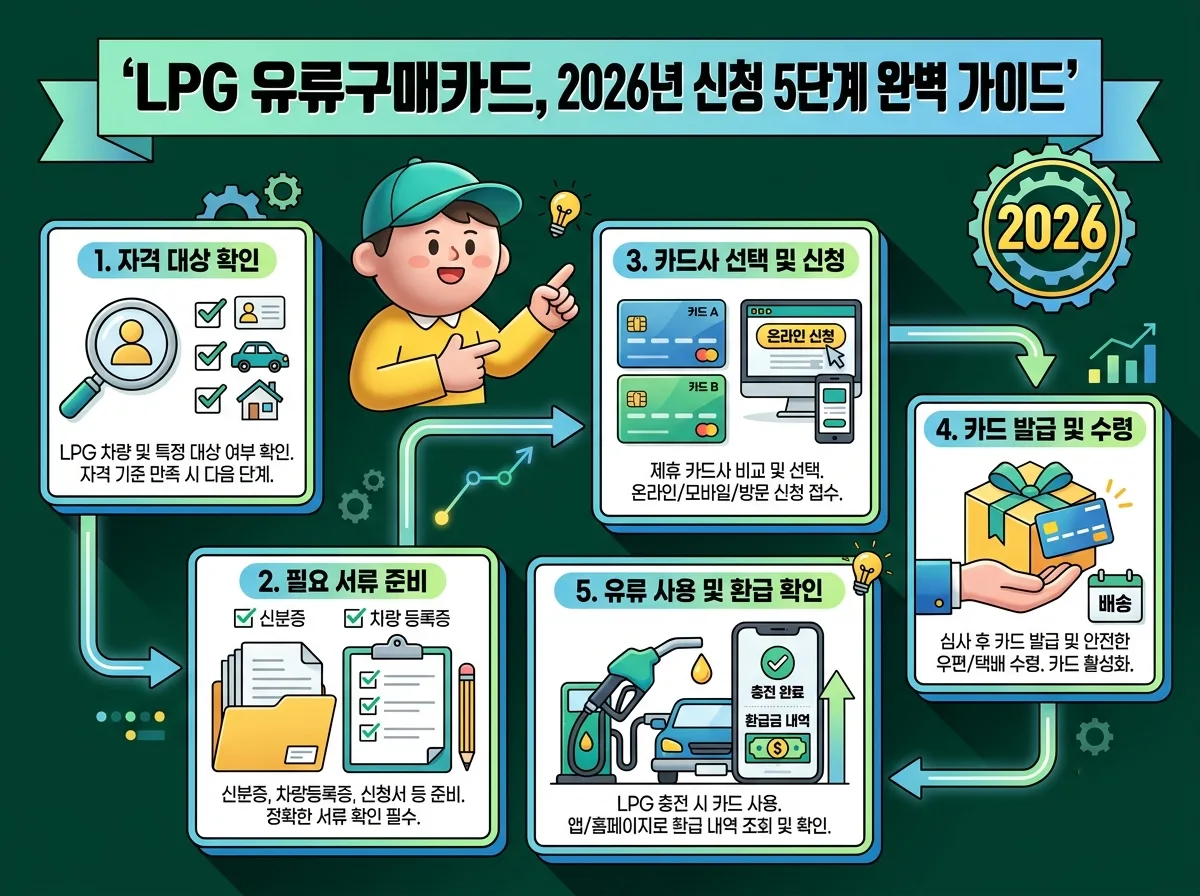 2026년 유류지원금 신청 및 사용 시 반드시 알아야 할 핵심 주의사항 3가지를 강조하는 인포그래픽. '2026 유류지원금, 놓치면 안 될 핵심 '주의사항' 3가지'라는 제목 아래, 월별/연간 한도 확인, 자격 변동 시 즉시 신고, 타 카드 혜택 중복 불가 확인 등의 중요한 정보가 아이콘과 함께 명확하게 제시되어 있다. 친근한 캐릭터가 주의사항을 상기시키며 2026년 배지가 포함되어 있다.