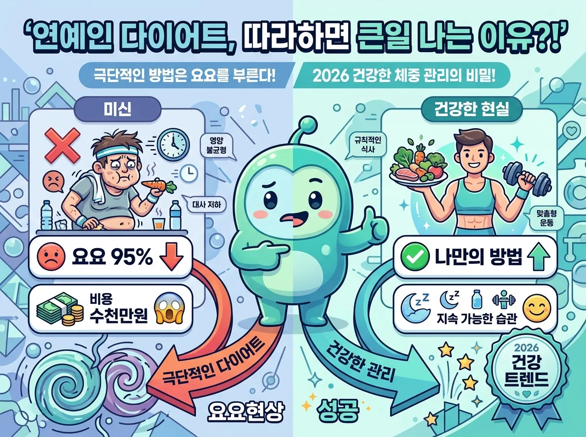 2026년 연예인 다이어트에 대한 세 가지 흔한 오해를 명확하게 설명하는 인포그래픽 포스터. 단기간 감량, 특정 비법 식단, 굶는 다이어트의 위험성을 경고하고 건강한 대안을 제시하는 정보를 담고 있습니다.