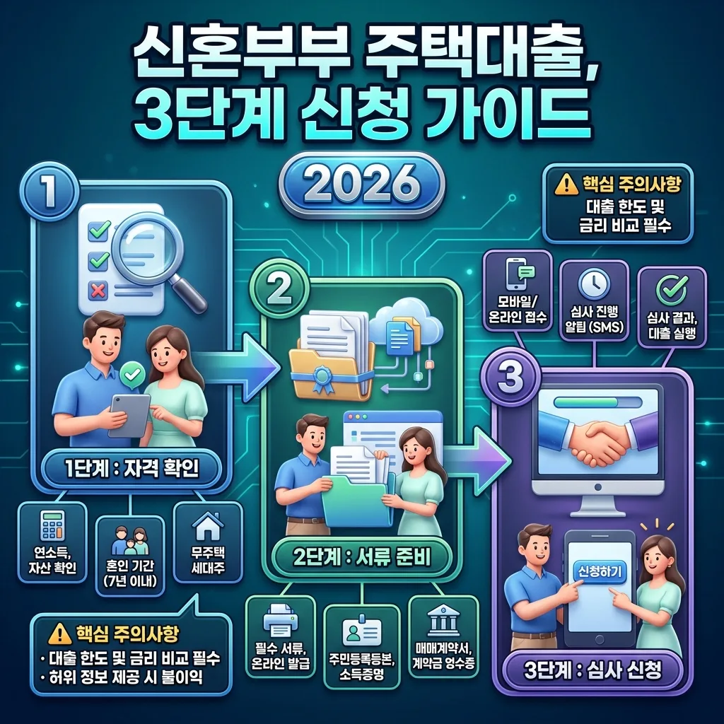 2026년 신혼부부 주택자금 대출의 신청 절차를 3단계로 나누어 시각적으로 명확하게 안내하는 인포그래픽. 각 단계별 핵심 준비물과 주의사항을 아이콘과 함께 보여줍니다.