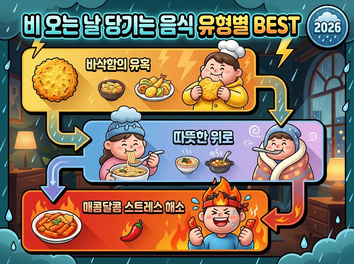 2026년 비 오는 날, 유독 당기는 음식 유형 3가지(바삭함, 따뜻함, 매콤함)를 3D 캐릭터와 함께 시각화한 인포그래픽.