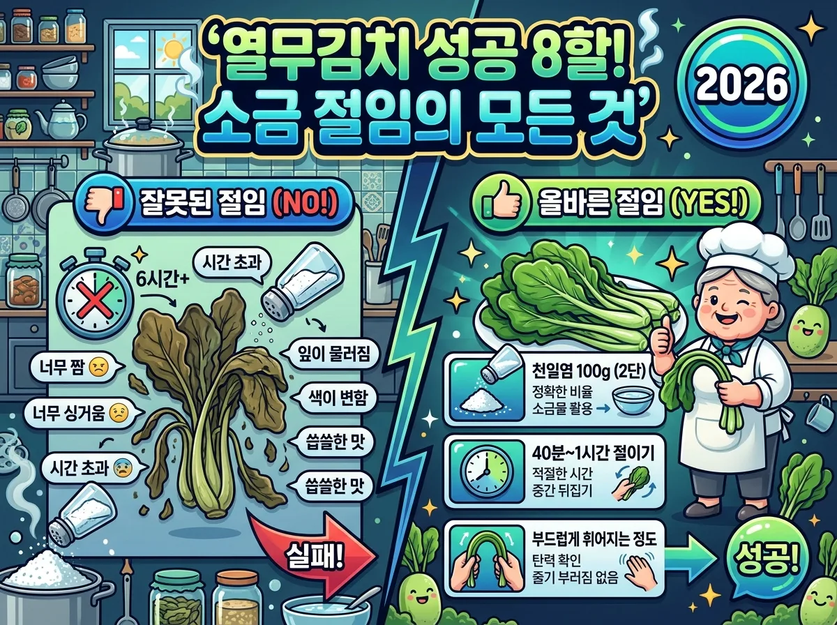 열무김치 성공의 핵심인 올바른 소금 절임 방법을 설명하는 인포그래픽 포스터. 잘못된 절임과 올바른 절임을 비교하며 천일염 양, 시간, 절임 정도를 상세히 보여줍니다.