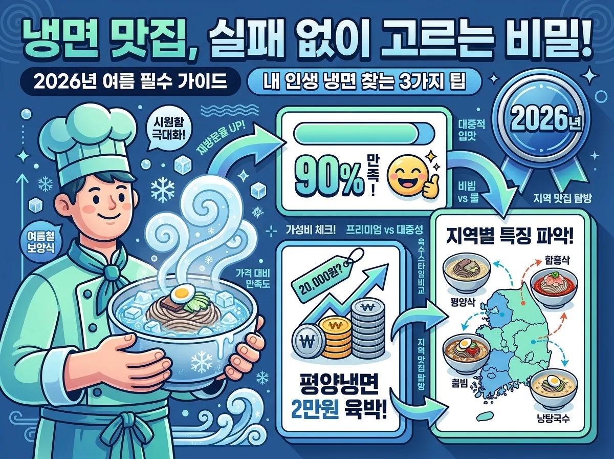 나만의 인생 냉면을 찾아가는 4단계 과정을 시각화한 정보 포스터. '나만의 인생 냉면, 4단계로 찾기!'라는 제목 아래, 지역별 스타일 탐색, 육수와 면 취향 선택, 고명과 양념 조화, 그리고 재방문을 통한 완성까지의 각 단계가 친근한 3D 캐릭터와 다채로운 아이콘으로 명확하게 제시되어 있습니다. 2026년 배지가 포함된 풍부한 정보성 이미지입니다.