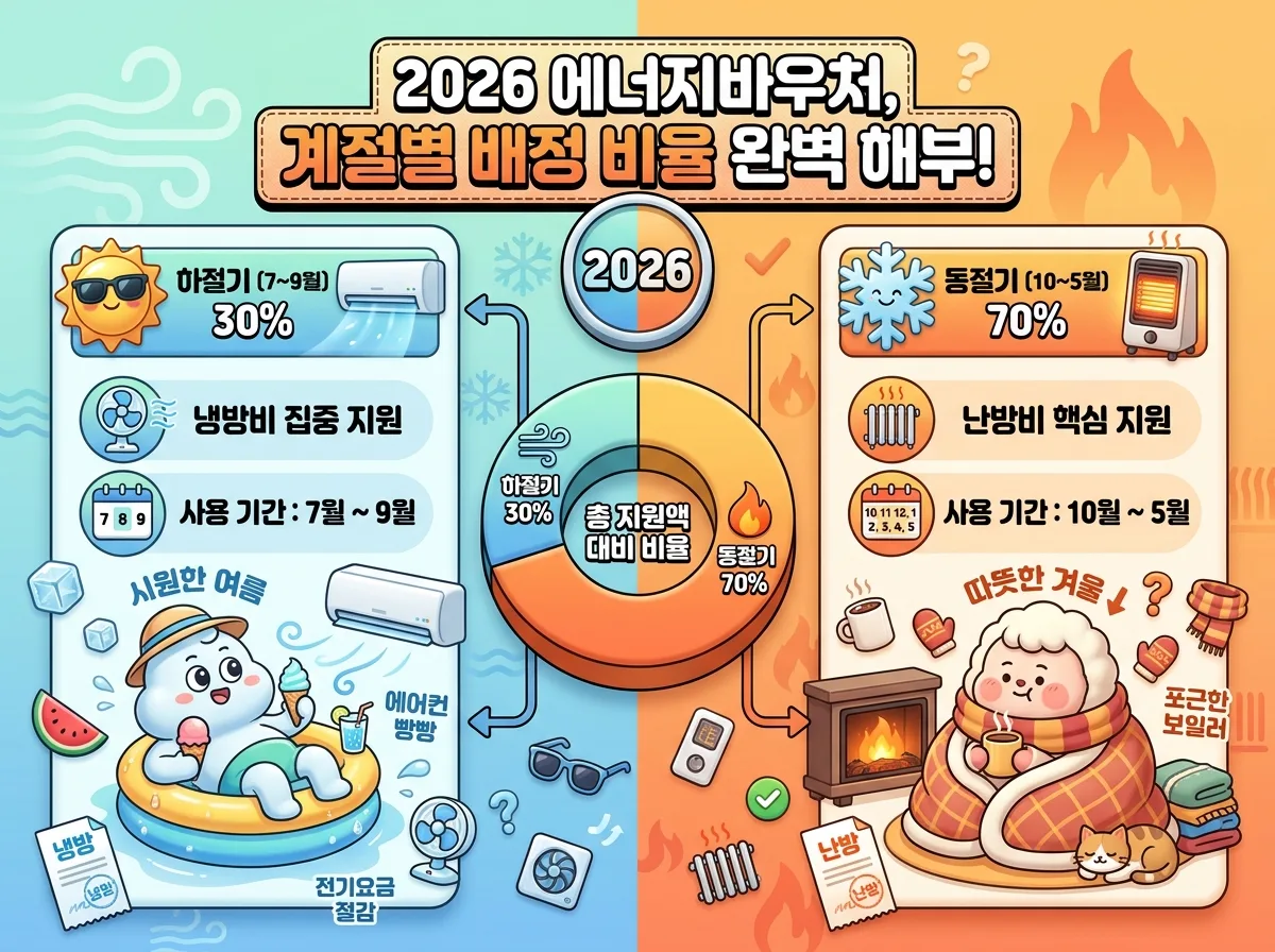 2026년 하절기 에너지바우처의 동절기 잔액 이월 및 차감 과정을 단계별로 설명하는 인포그래픽 포스터. 동절기 잔액 확인부터 5월 31일 이월 마감 기한, 그리고 하절기 배정액과 합산되는 과정을 명확한 아이콘과 설명으로 보여주며, 흔한 오해를 해소하고 정확한 이해를 돕는다. 친근한 캐릭터가 핵심 정보를 안내하며 정보가 꽉 차 있다.