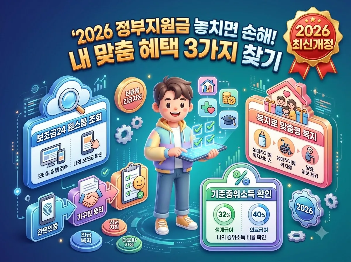 2026년 정부지원금 맞춤 혜택을 보조금24와 복지로에서 확인하는 절차와 주요 기준을 한눈에 정리한 인포그래픽 썸네일